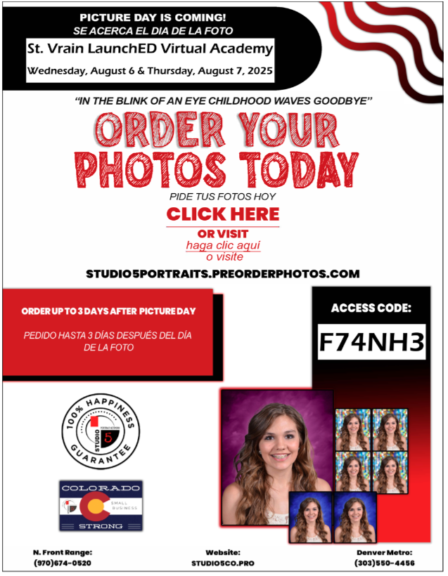 Announcement for St. Vrain LaunchED Virtual Academy picture days on August 6-7, 2025, with photo ordering details.